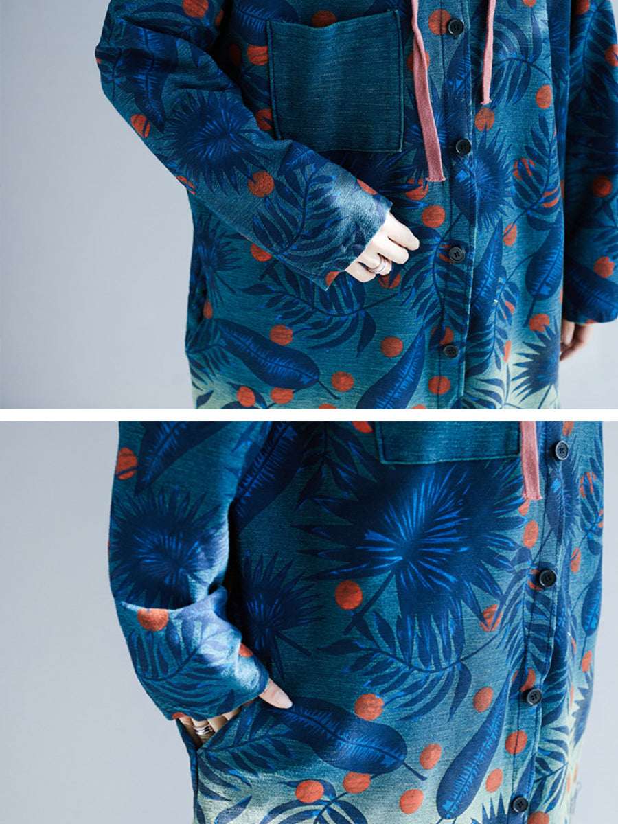 Manteau long à capuche en denim imprimé progressif Artsy Leaf pour femme