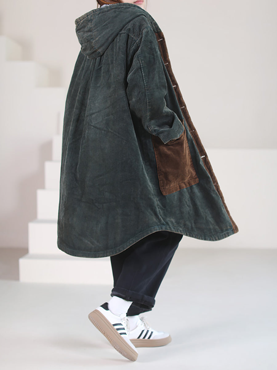 Women Vintage Corduroy Spliced Hooded Thicken Coat