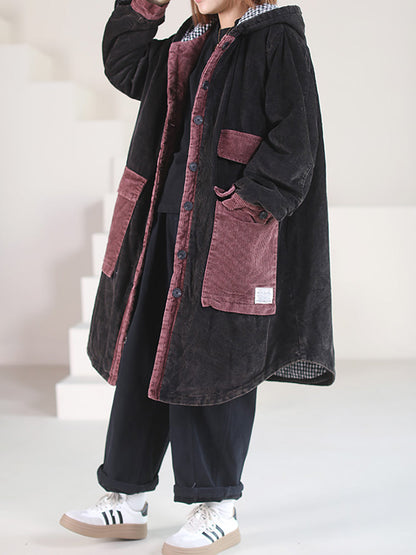 Women Vintage Corduroy Spliced Hooded Thicken Coat