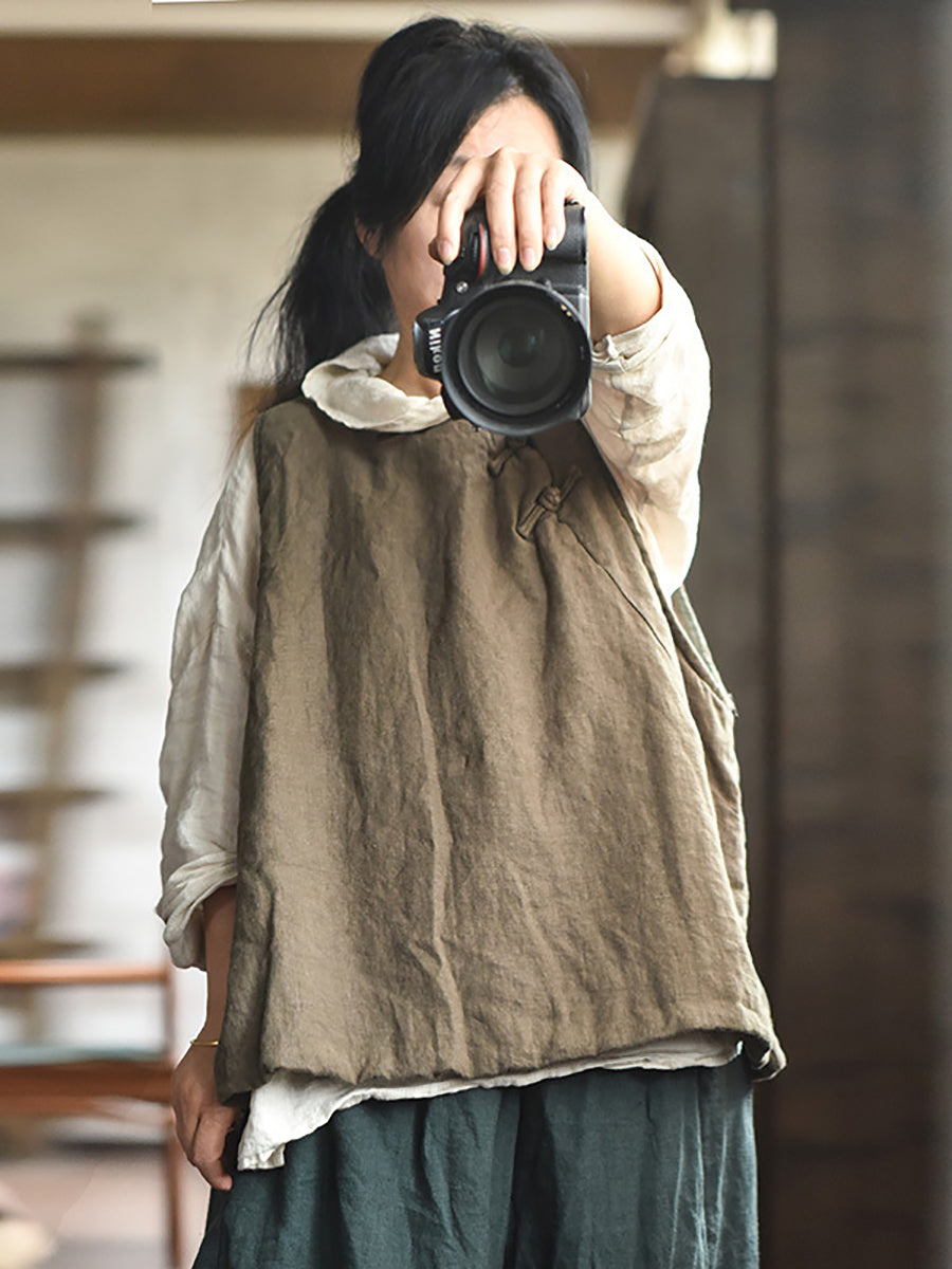 Women Ethnic Solid Buckle Linen Vest