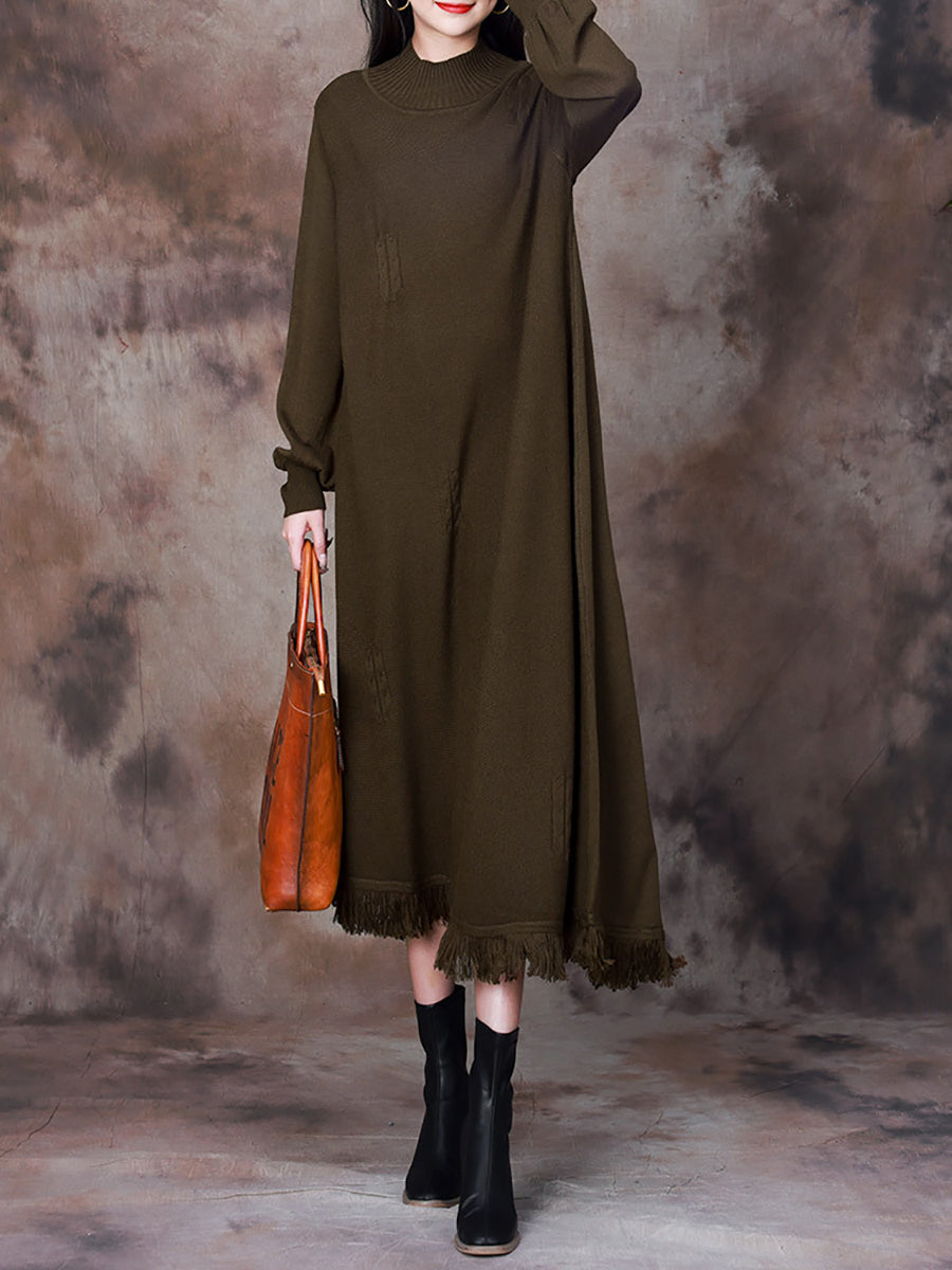 Women Elegant Solid Tassel Hem Knitted Long Dress