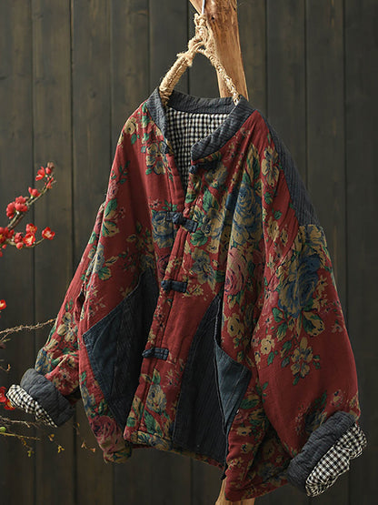 Women Ethnic Flower Spliced Padded Cotton Coat