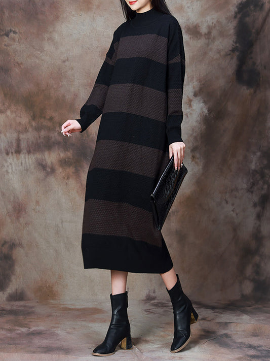 Women Winter Casual Stripe Kitted Long Dress