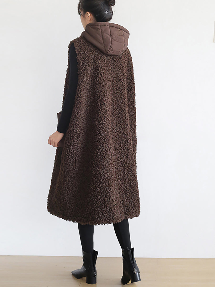 Women Winter Solid Spliced Fleece Hooded Vest Coat