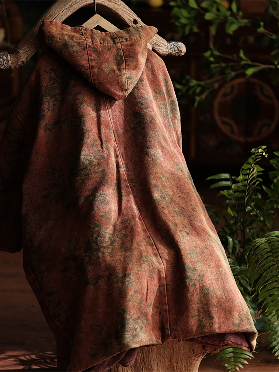 Women Winter Vintage Flower Drawstring Padded Coat