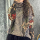 Women Winter Retro Print Spliced Turtleneck Sweater