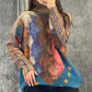 Women Winter Retro Print Spliced Turtleneck Sweater