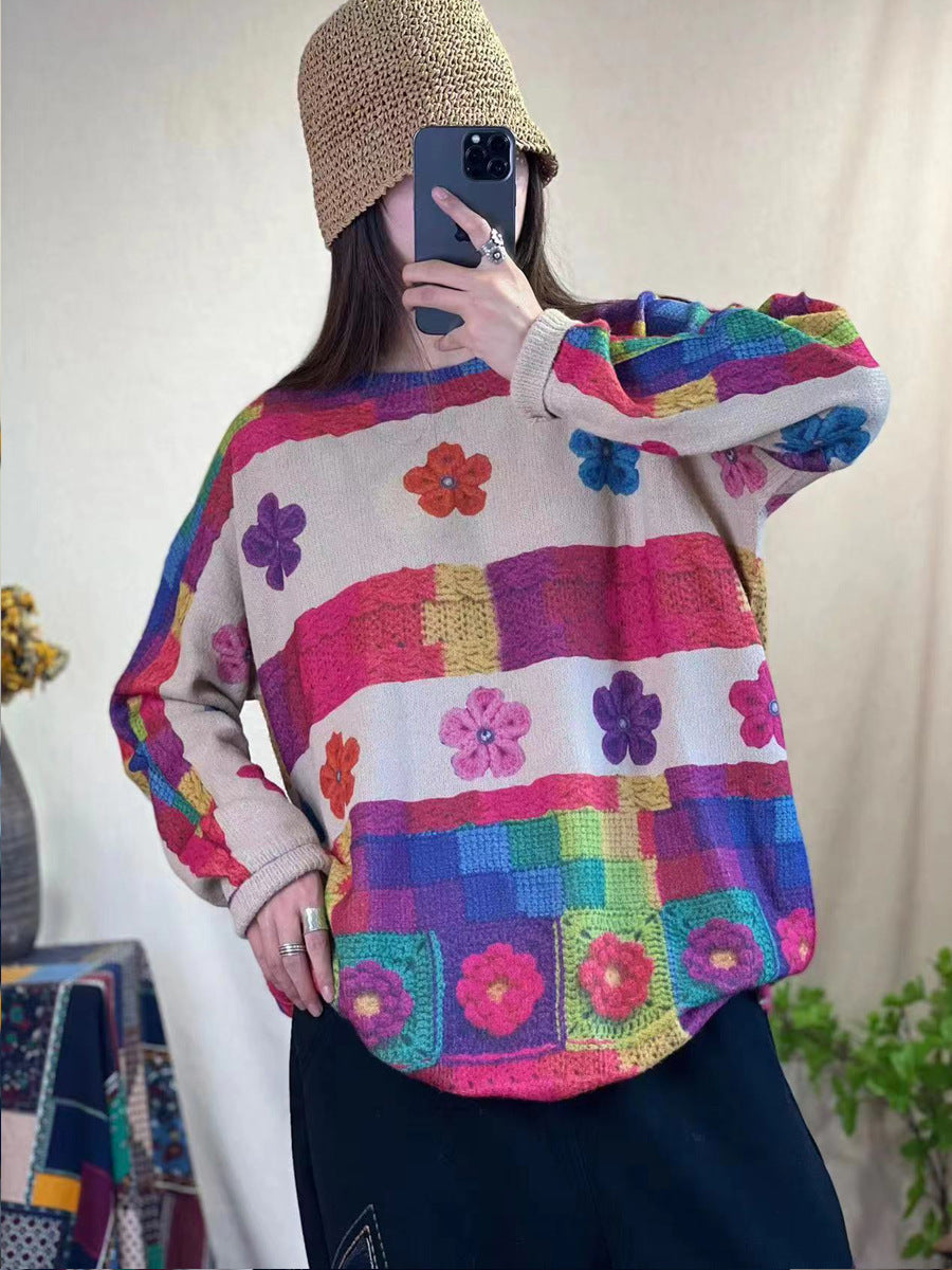 Women Casual Winter Flower Print Knitted Sweater