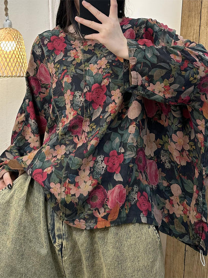 Women Spring Retro Flower Spliced Loose Shirt