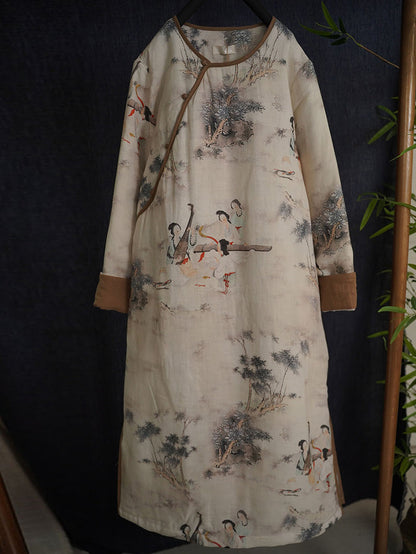 Robe d'hiver en lin à imprimé rétro pour femmes, fermeture inclinée