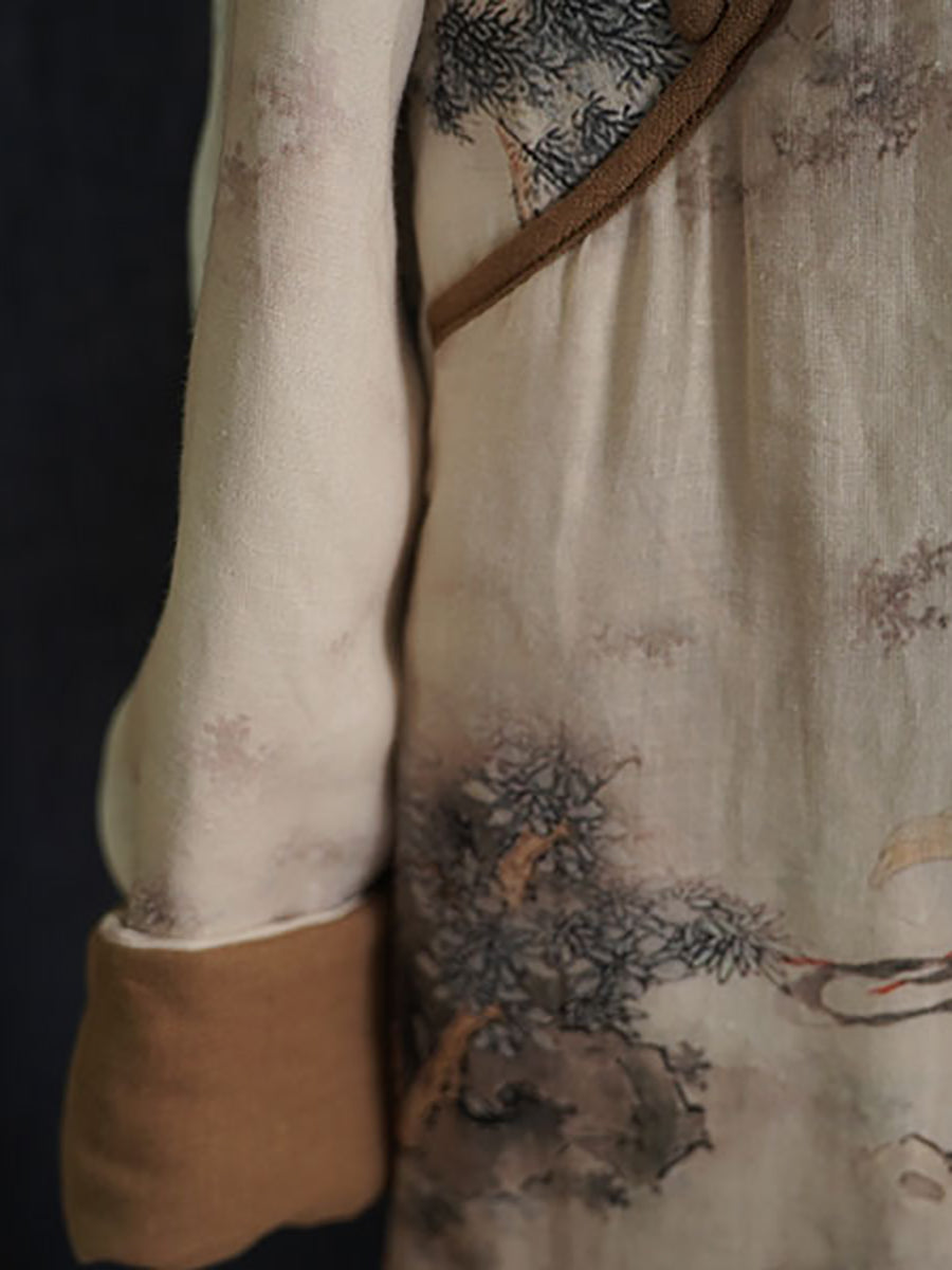 Robe d'hiver en lin à imprimé rétro pour femmes, fermeture inclinée