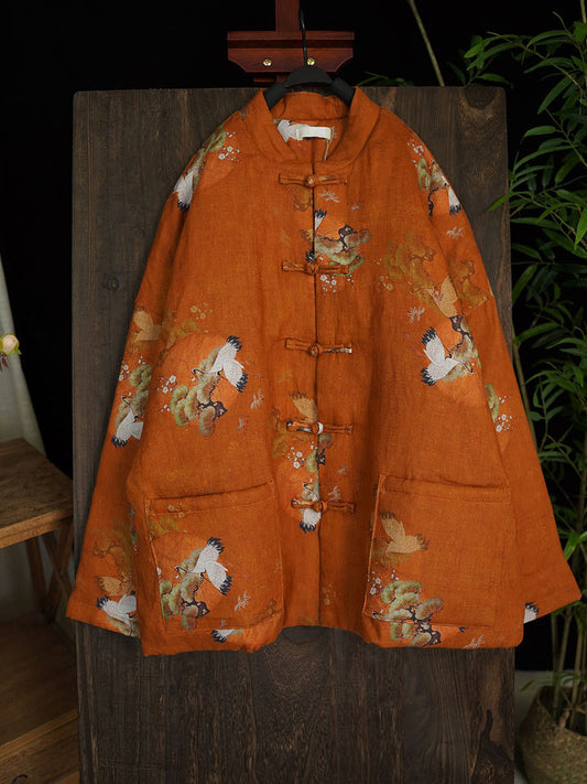 Manteau rembourré en lin imprimé grue vintage pour femme