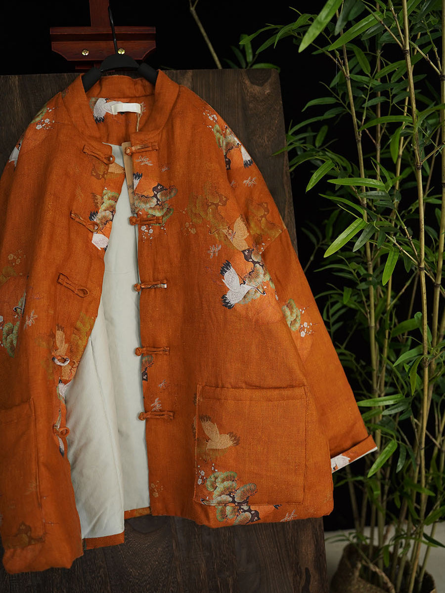Manteau rembourré en lin imprimé grue vintage pour femme
