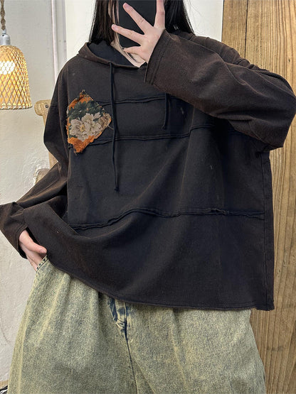 Women Retro Patch Spliced Cotton Hooded Sweatshirt