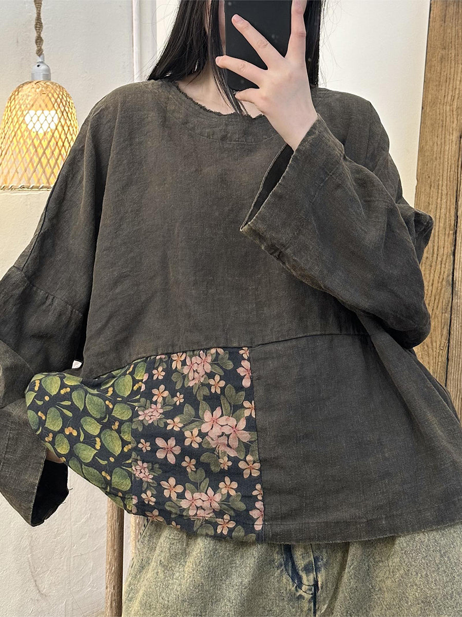 Women Retro Flower Patch Spliced Sring Shirt