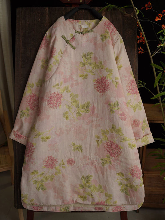 Women Winter Artsy Flower Print Pink Linen Coat