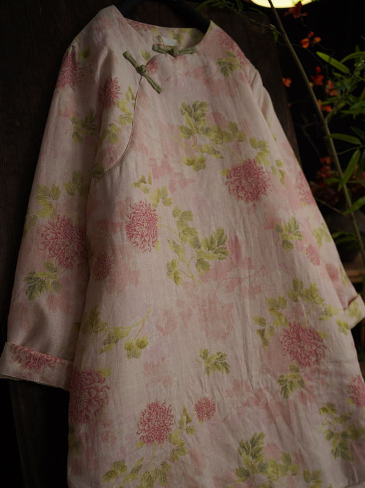 Women Winter Artsy Flower Print Pink Linen Coat