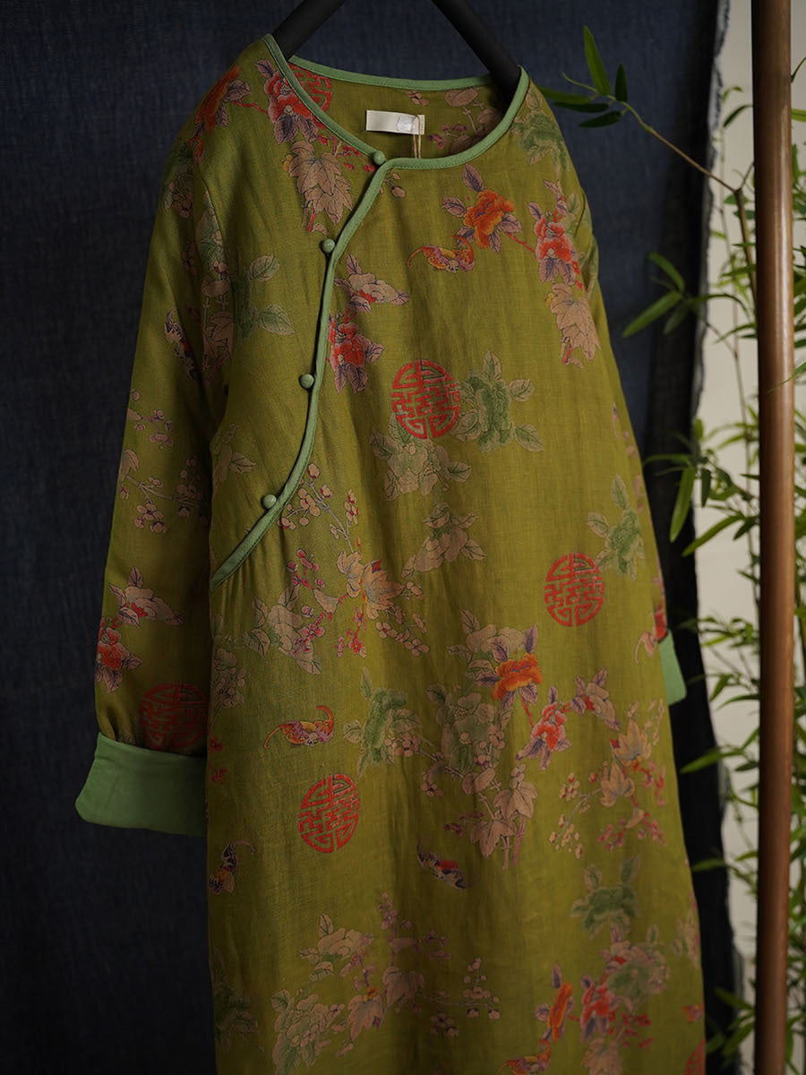 Women Ethnic Flower Print Linen Padded Robe Dress