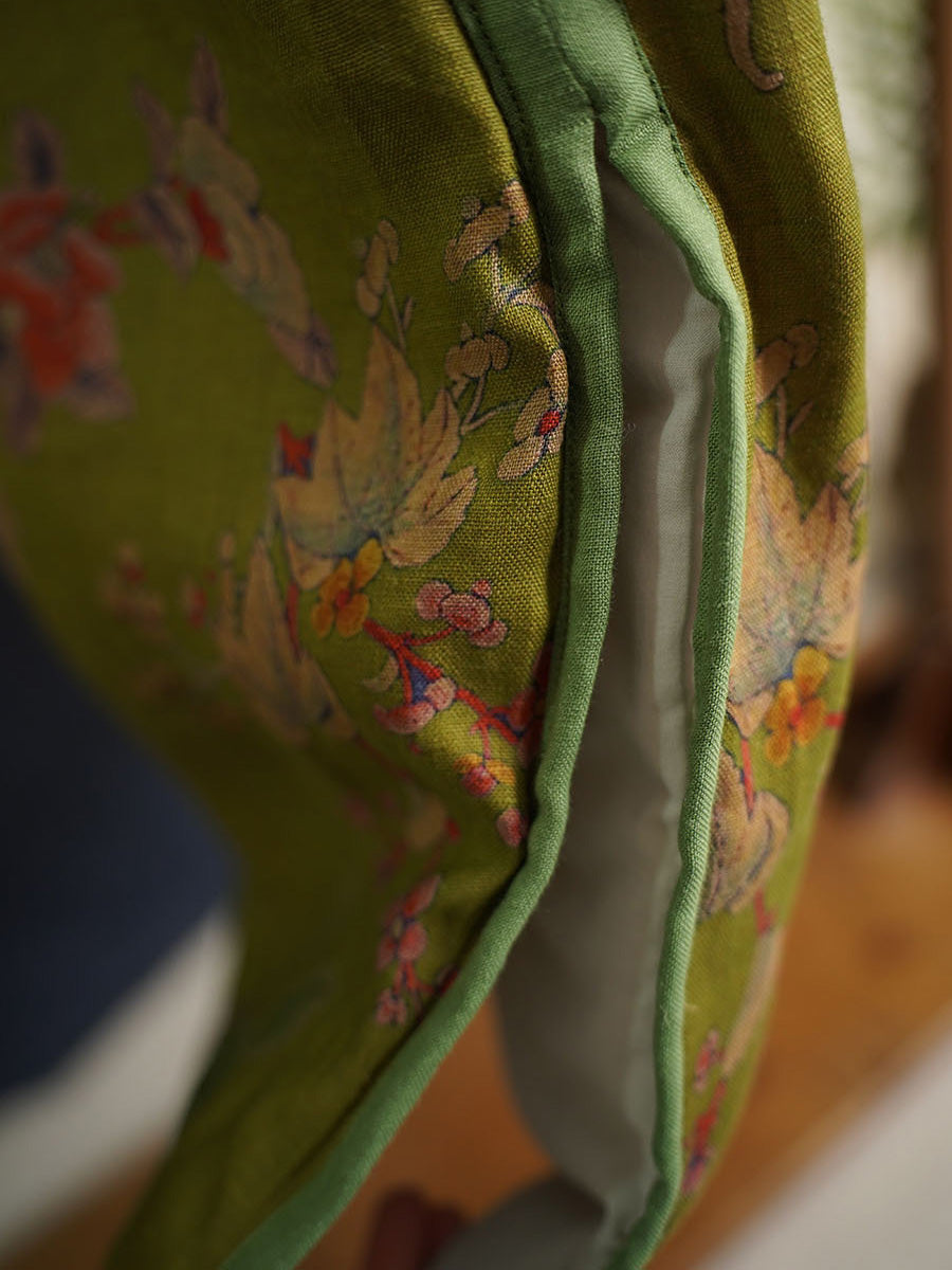 Women Ethnic Flower Print Linen Padded Robe Dress