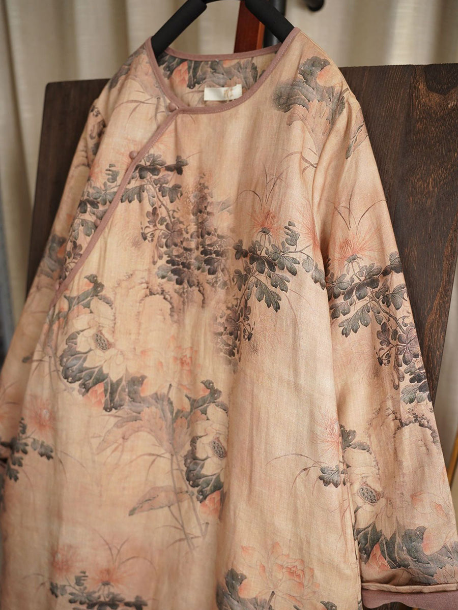 Women Winter Flower Print Ethnic O-Neck Robe Dress