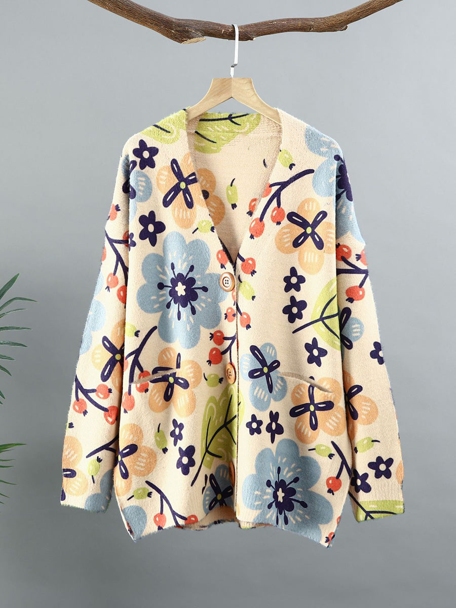 Women Casual Spring Flower Print Cardigan Sweater