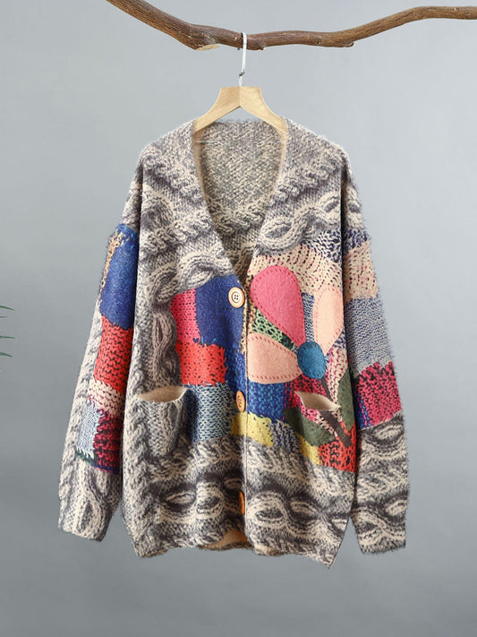 Women Winter Ethnic Print Knitted Cardigan Sweater