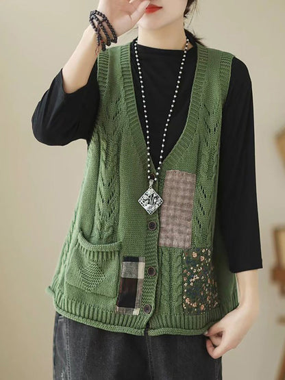 Women Spring Retro Patch Spliced Knitted Vest