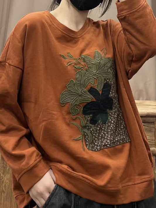 Women Artsy Spring Lily Embroidery O-Neck Sweatshirt