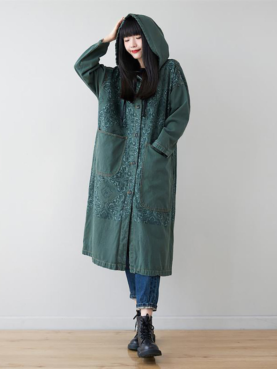 Women Artsy Flower Spliced Long Denim Hooded Coat