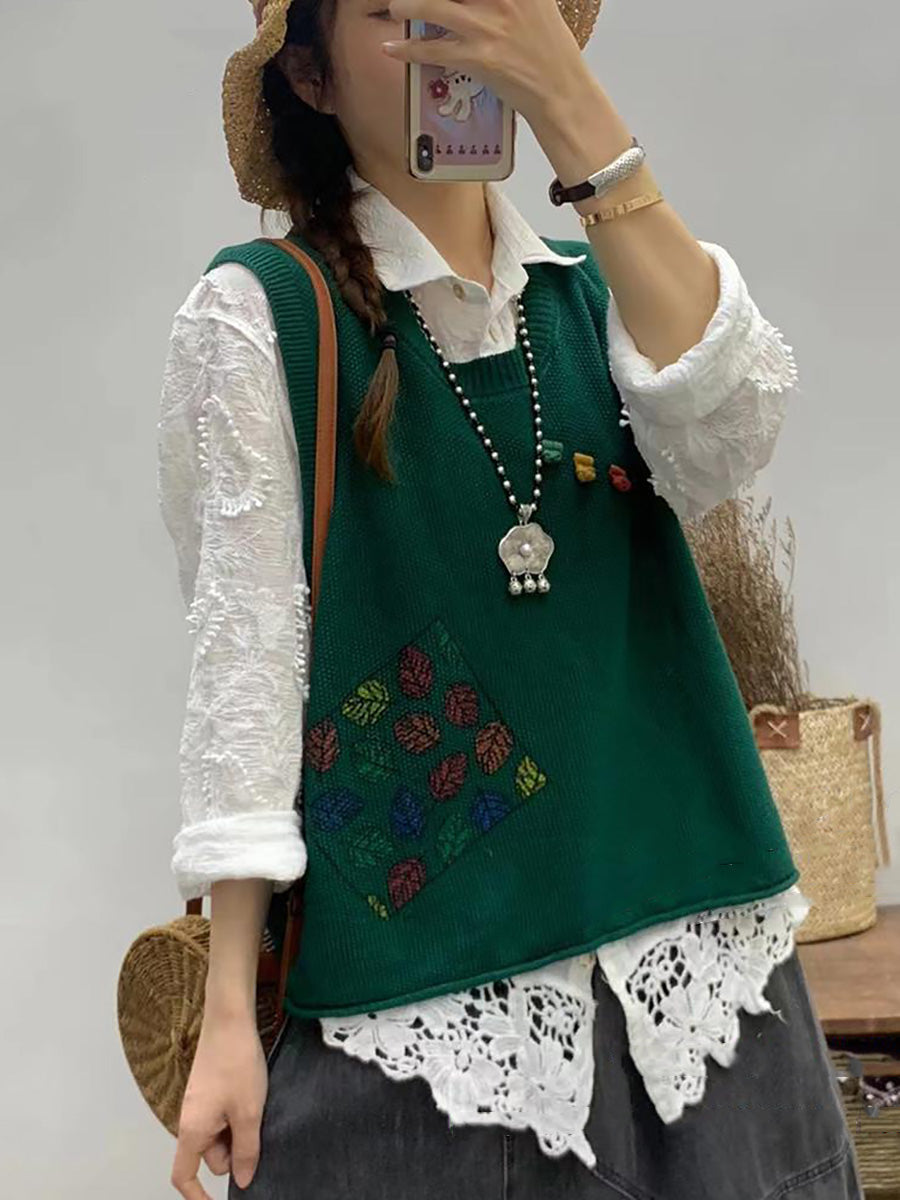 Women Casual Leaf Print Knitted Vest