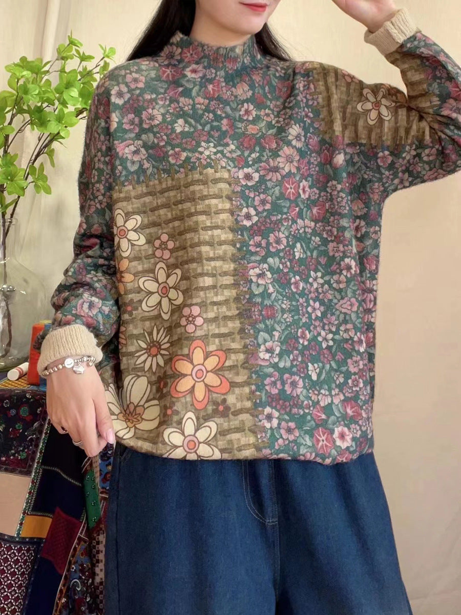 Women Spring Vintage Floral Spliced Half-Turtleneck Sweater