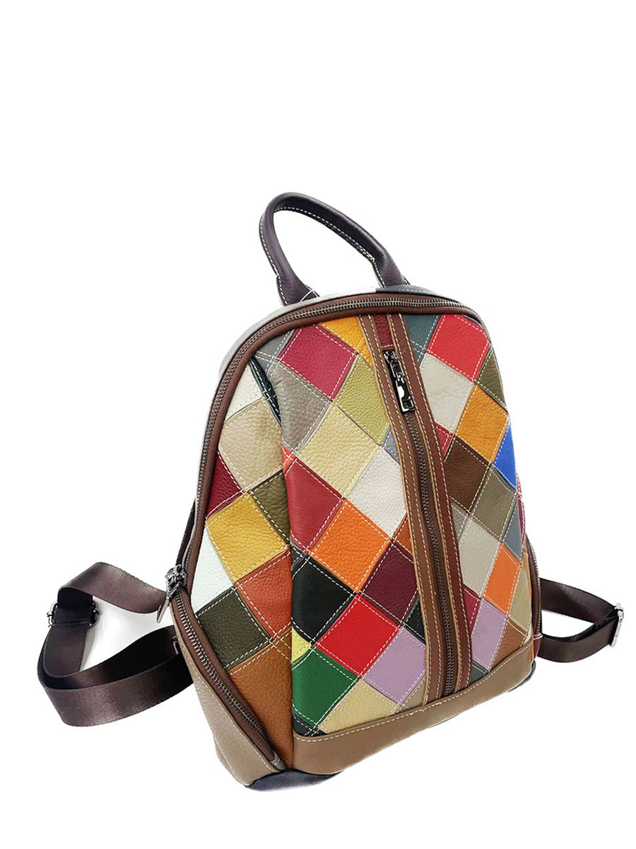 Multicolor Rhomboids Leather Spliced Zipper Backpack