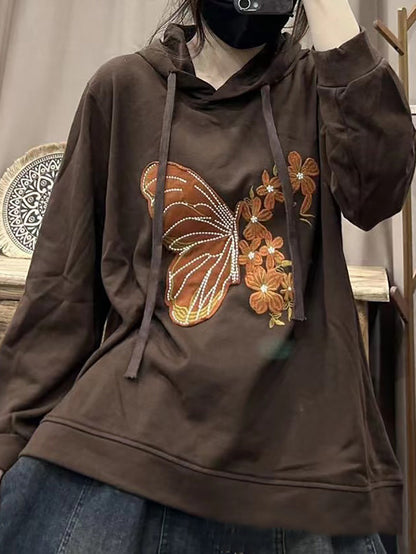 Women Casual Spring Butterfly Embroidery Hooded