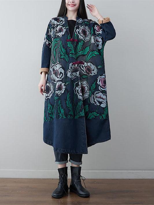 Women Retro Flower Print Denim Spring Long Coat