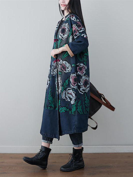 Women Retro Flower Print Denim Spring Long Coat