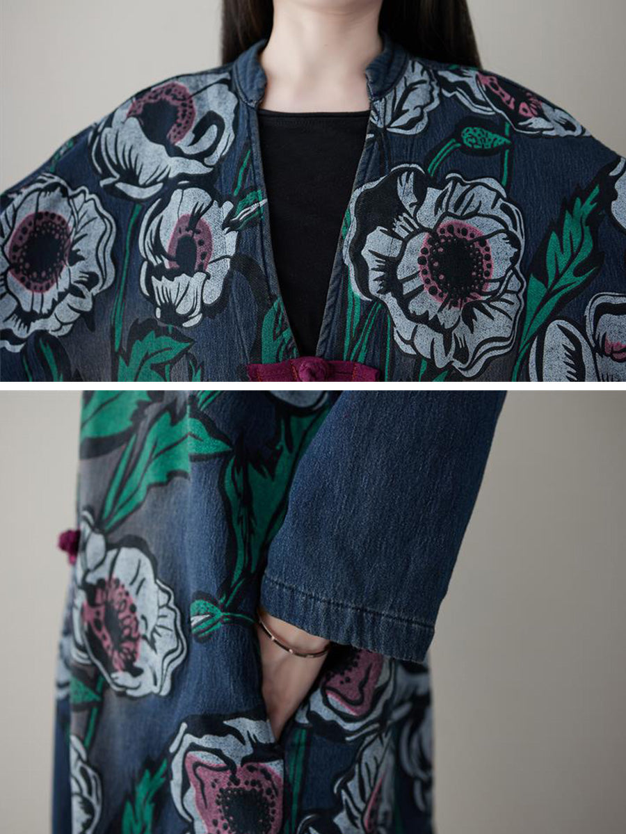 Women Retro Flower Print Denim Spring Long Coat