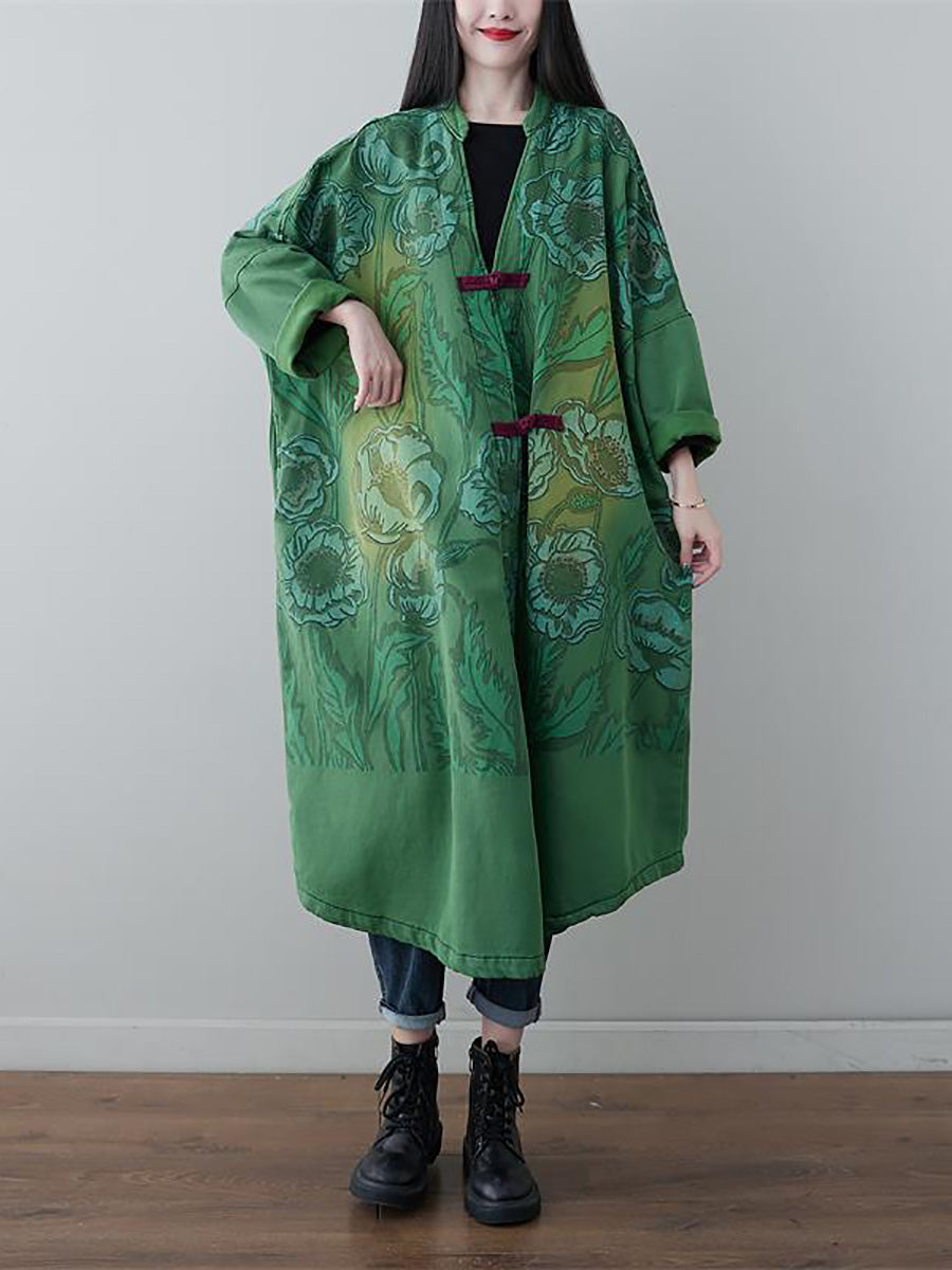Women Retro Flower Print Denim Spring Long Coat