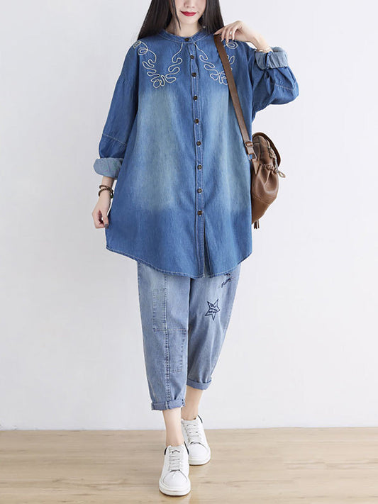 Women Spring Casual Embroidery Denim Long Shirt