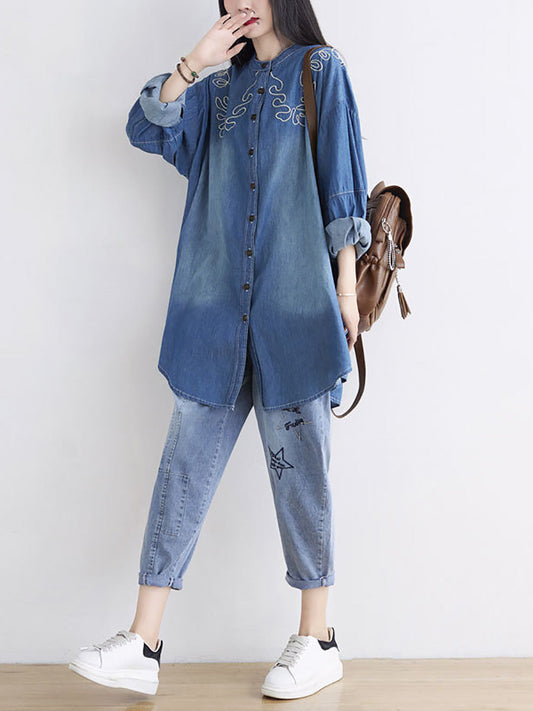 Women Spring Casual Embroidery Denim Long Shirt