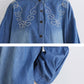 Women Spring Casual Embroidery Denim Long Shirt