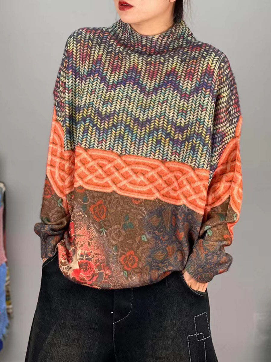 Women Winter Spliced Ethnic Half-Turtleneck Sweater