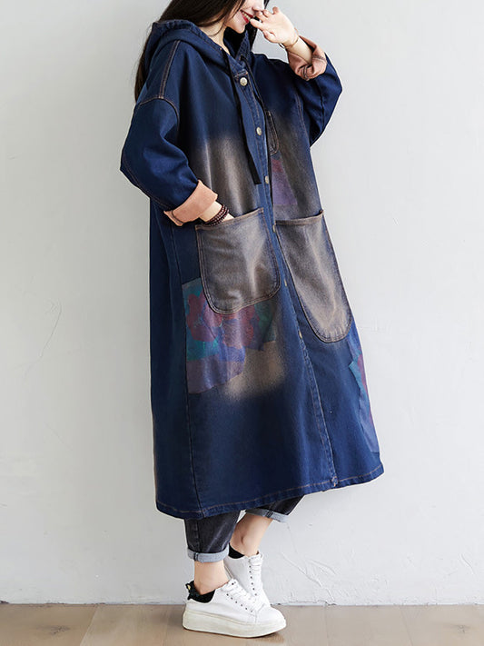 Women Spring Wron Print Splced Denim Hooded Coat