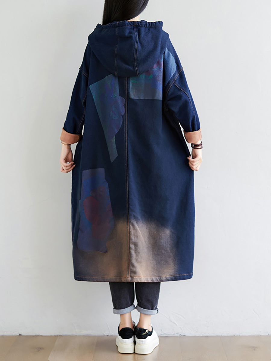 Women Spring Wron Print Splced Denim Hooded Coat