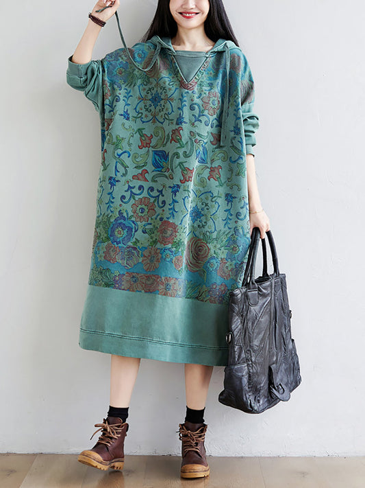 Women Artsy Flower Spring Hooded Cotton Dress