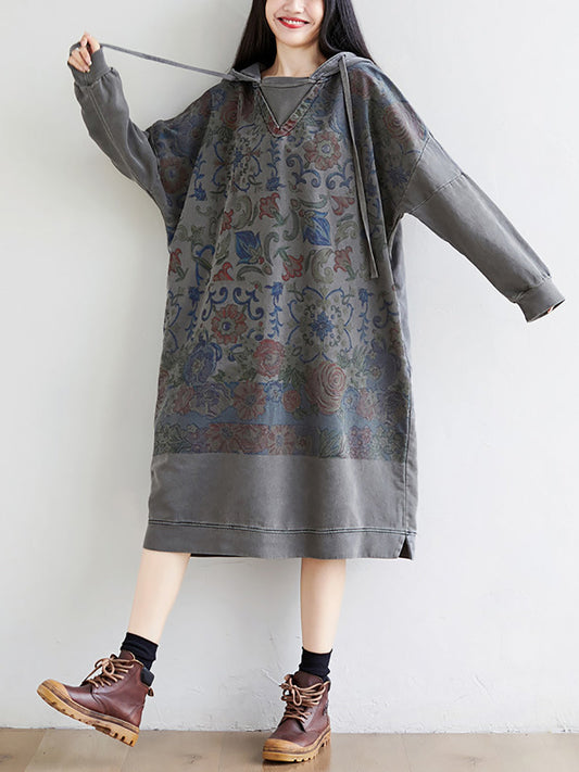 Women Artsy Flower Spring Hooded Cotton Dress