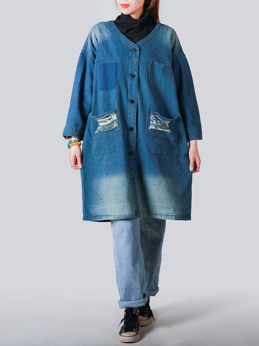 Women Vintage Spring Frayed Denim Coat