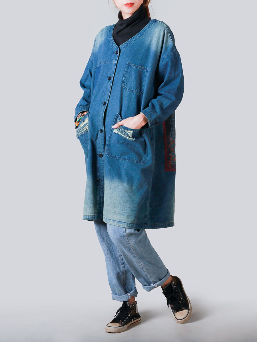 Women Vintage Spring Frayed Denim Coat