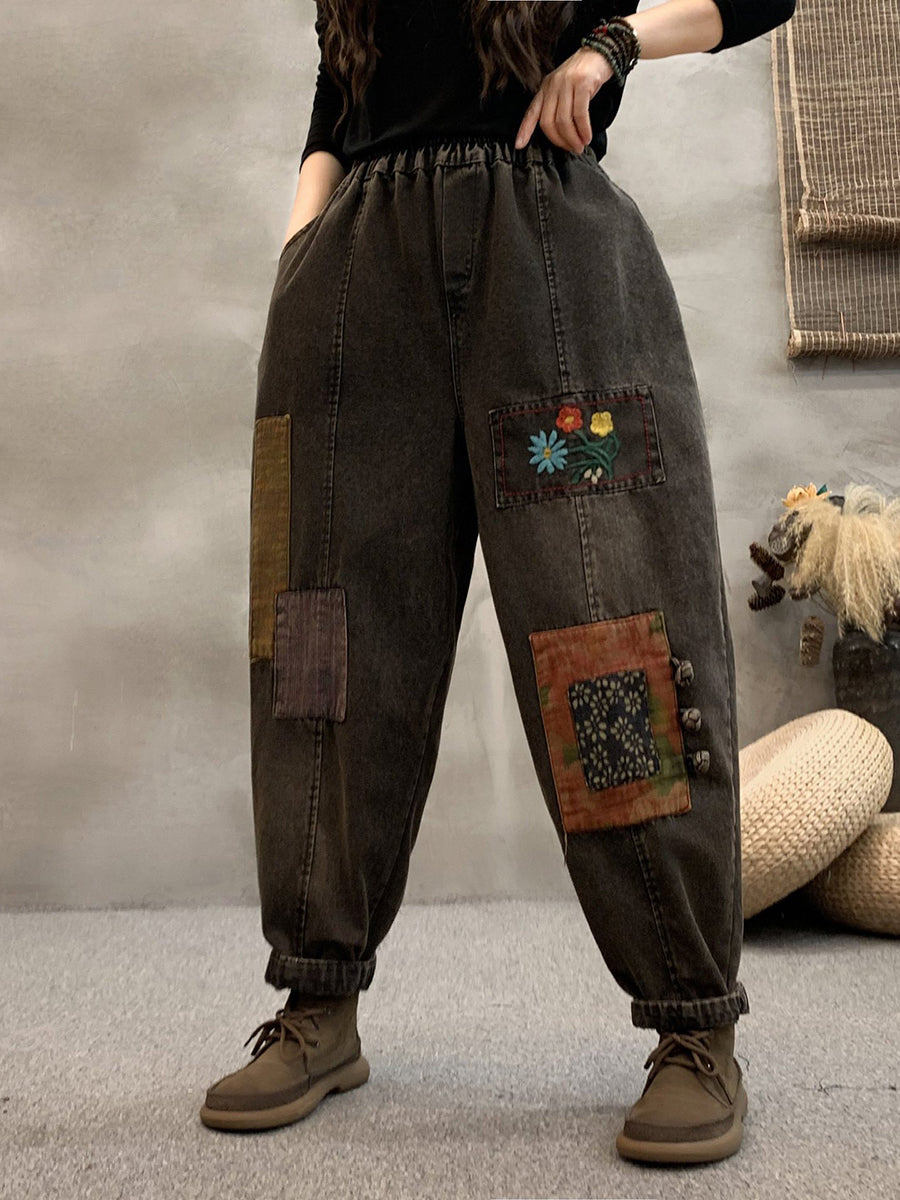 Women Vintage Spring Patch Embroidery Denim Harem Pants