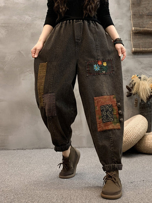 Women Vintage Spring Patch Embroidery Denim Harem Pants