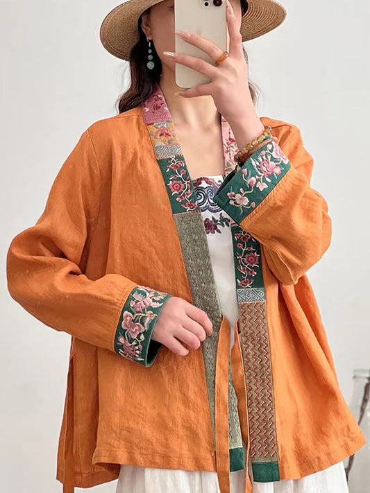 Women Ethnic Embroidery Spring Spliced Drawstring Shirt